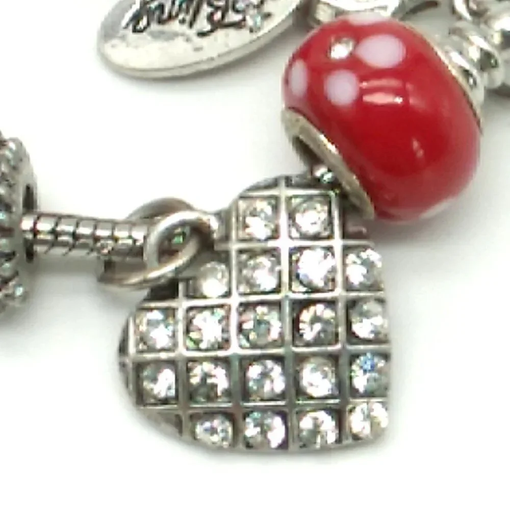 Bling Silver-tone & Red Beaded Charm Slider Bracelet on Snake Chain NWOT
